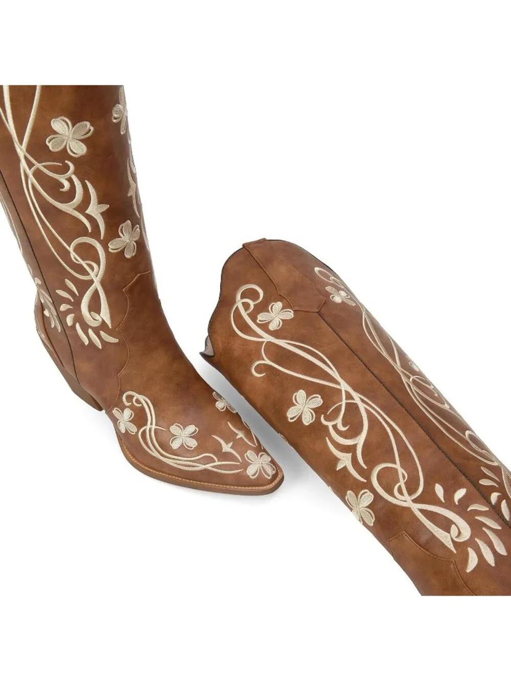 Women's Light Brown pu Knee High Floral Embroidered Vintage Cowgirl Boots